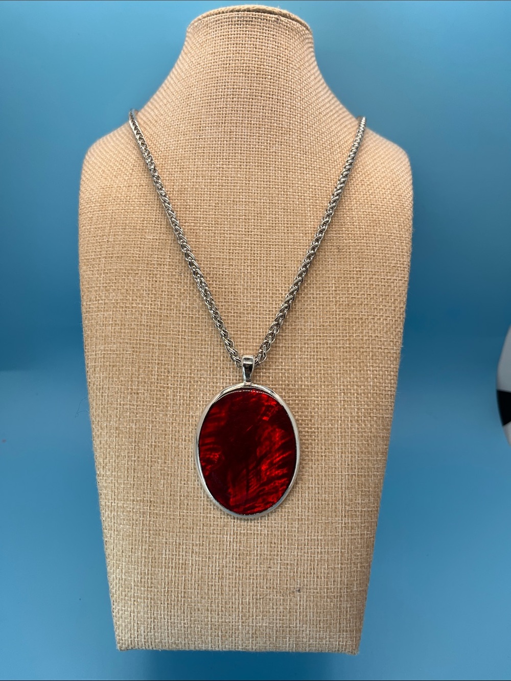 Silver Chain Necklace with Red Oval Pendant